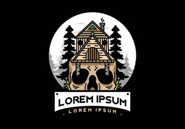 Illustration badge design of a wooden house with skull