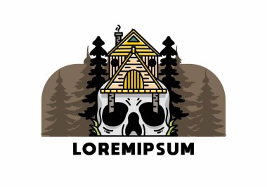 Illustration badge design of a wooden house with skull