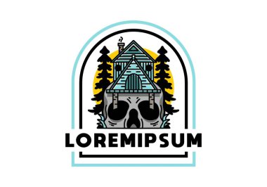 Illustration badge design of a wooden house with skull