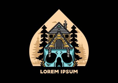 Illustration badge design of a wooden house with skull