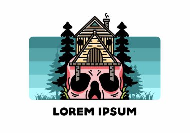 Illustration badge design of a wooden house with skull