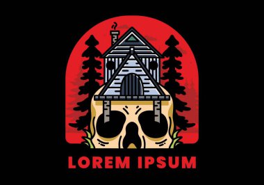 Illustration badge design of a wooden house with skull