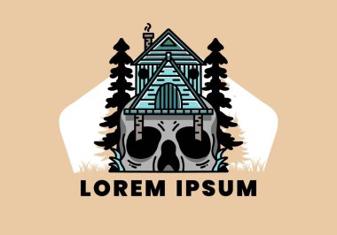 Illustration badge design of a wooden house with skull