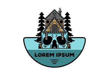 Illustration badge design of a wooden house with skull