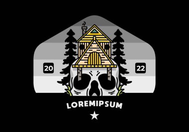 Illustration badge design of a wooden house with skull