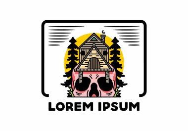 Illustration badge design of a wooden house with skull