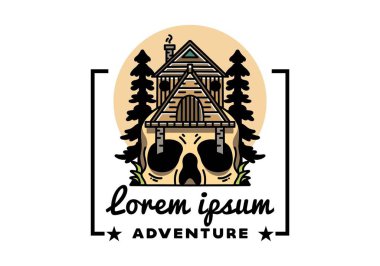 Illustration badge design of a wooden house with skull