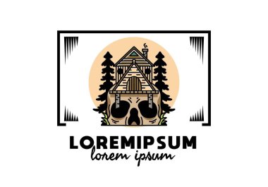 Illustration badge design of a wooden house with skull
