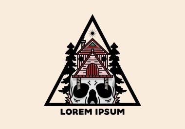 Illustration badge design of a wooden house with skull