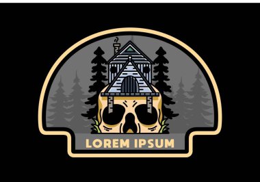 Illustration badge design of a wooden house with skull
