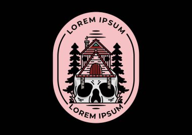 Illustration badge design of a wooden house with skull