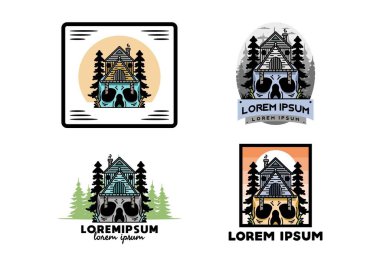 Illustration badge design of a wooden house with skull