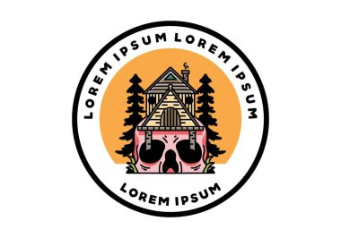 Illustration badge design of a wooden house with skull