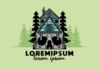 Illustration badge design of a wooden house with skull