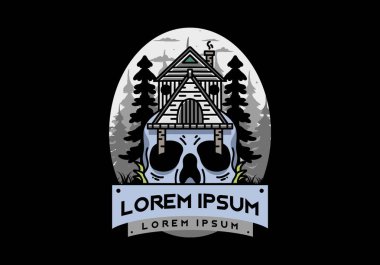 Illustration badge design of a wooden house with skull
