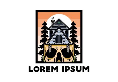 Illustration badge design of a wooden house with skull