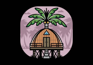 Illustration badge design of a Wooden house with big coconut tree