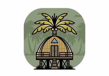 Illustration badge design of a Wooden house with big coconut tree