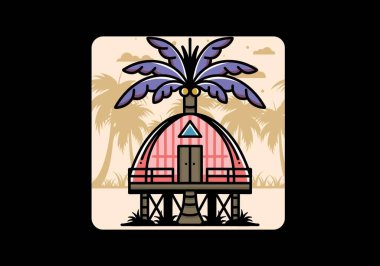 Illustration badge design of a Wooden house with big coconut tree