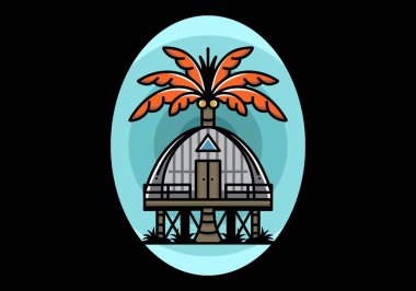 Illustration badge design of a Wooden house with big coconut tree