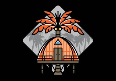 Illustration badge design of a Wooden house with big coconut tree