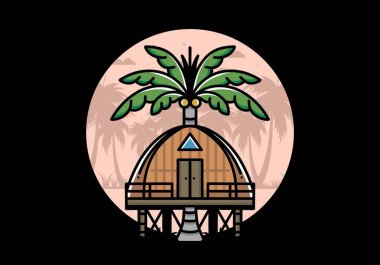 Illustration badge design of a Wooden house with big coconut tree