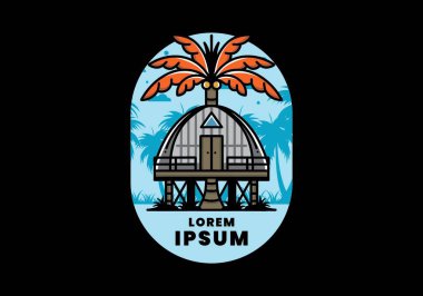 Illustration badge design of a Wooden house with big coconut tree