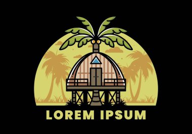 Illustration badge design of a Wooden house with big coconut tree