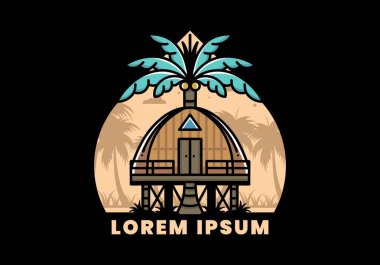 Illustration badge design of a Wooden house with big coconut tree