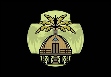 Illustration badge design of a Wooden house with big coconut tree