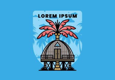 Illustration badge design of a Wooden house with big coconut tree