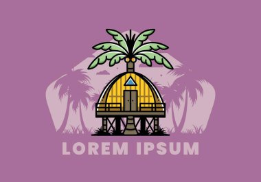 Illustration badge design of a Wooden house with big coconut tree