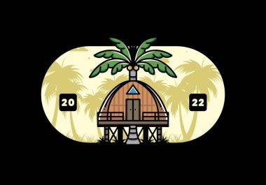 Illustration badge design of a Wooden house with big coconut tree