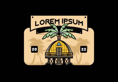 Illustration badge design of a Wooden house with big coconut tree