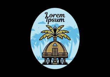 Illustration badge design of a Wooden house with big coconut tree