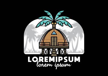 Illustration badge design of a Wooden house with big coconut tree