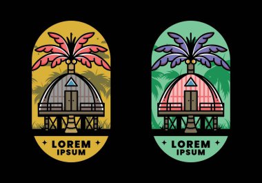 Illustration badge design of a Wooden house with big coconut tree