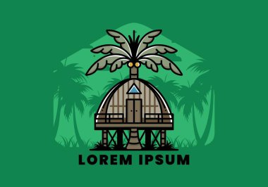 Illustration badge design of a Wooden house with big coconut tree
