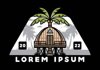 Illustration badge design of a Wooden house with big coconut tree
