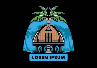 Illustration badge design of a Wooden house with big coconut tree
