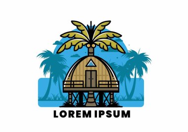 Illustration badge design of a Wooden house with big coconut tree