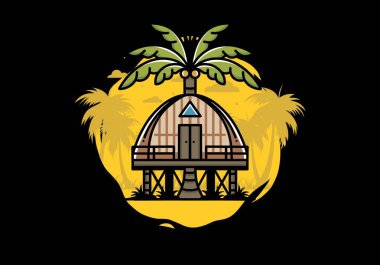 Illustration badge design of a Wooden house with big coconut tree