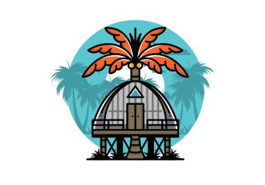 Illustration badge design of a Wooden house with big coconut tree