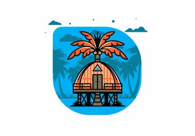Illustration badge design of a Wooden house with big coconut tree