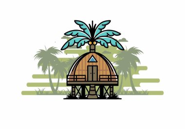 Illustration badge design of a Wooden house with big coconut tree
