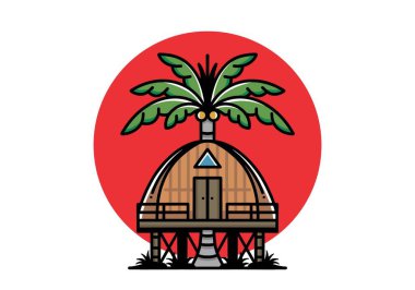 Illustration badge design of a Wooden house with big coconut tree