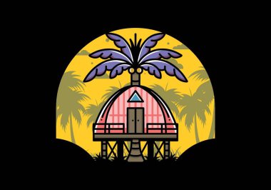 Illustration badge design of a Wooden house with big coconut tree