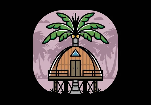 Illustration Badge Design Wooden House Big Coconut Tree — Stock Vector