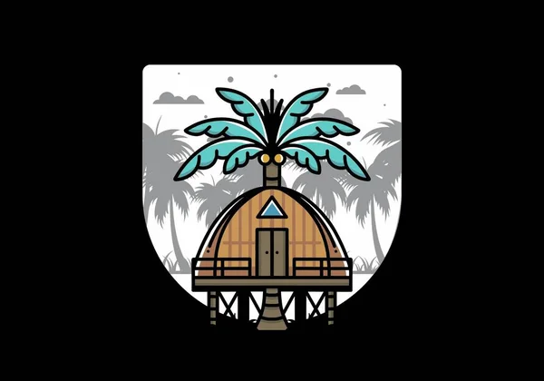 Illustration Badge Design Wooden House Big Coconut Tree — Stockvector