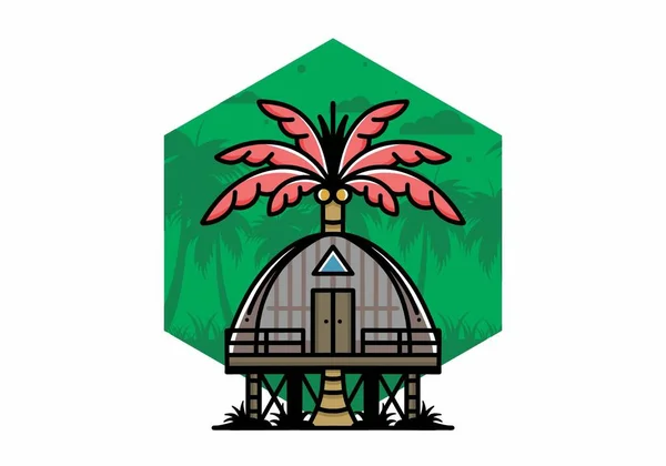 Illustration Badge Design Wooden House Big Coconut Tree — ストックベクタ